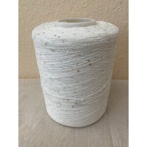 Fancy Spool Yarn Cone Yarn Cotton Blend Silver Sequins White 740g #523